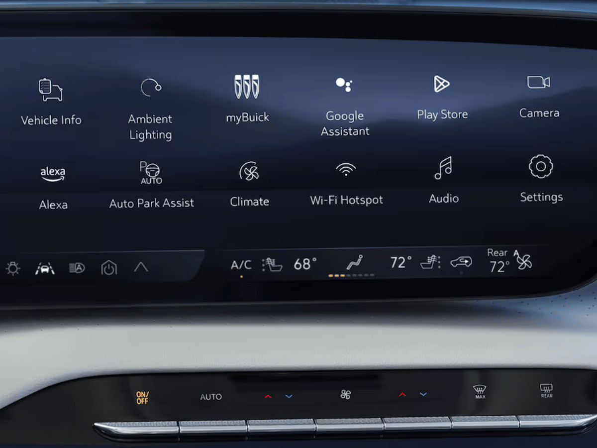 Touchscreen of the 2025 Buick Envision showing Google Assistant, myBuick, Auto Park Assist, Wi-Fi Hotspot, and other smart features