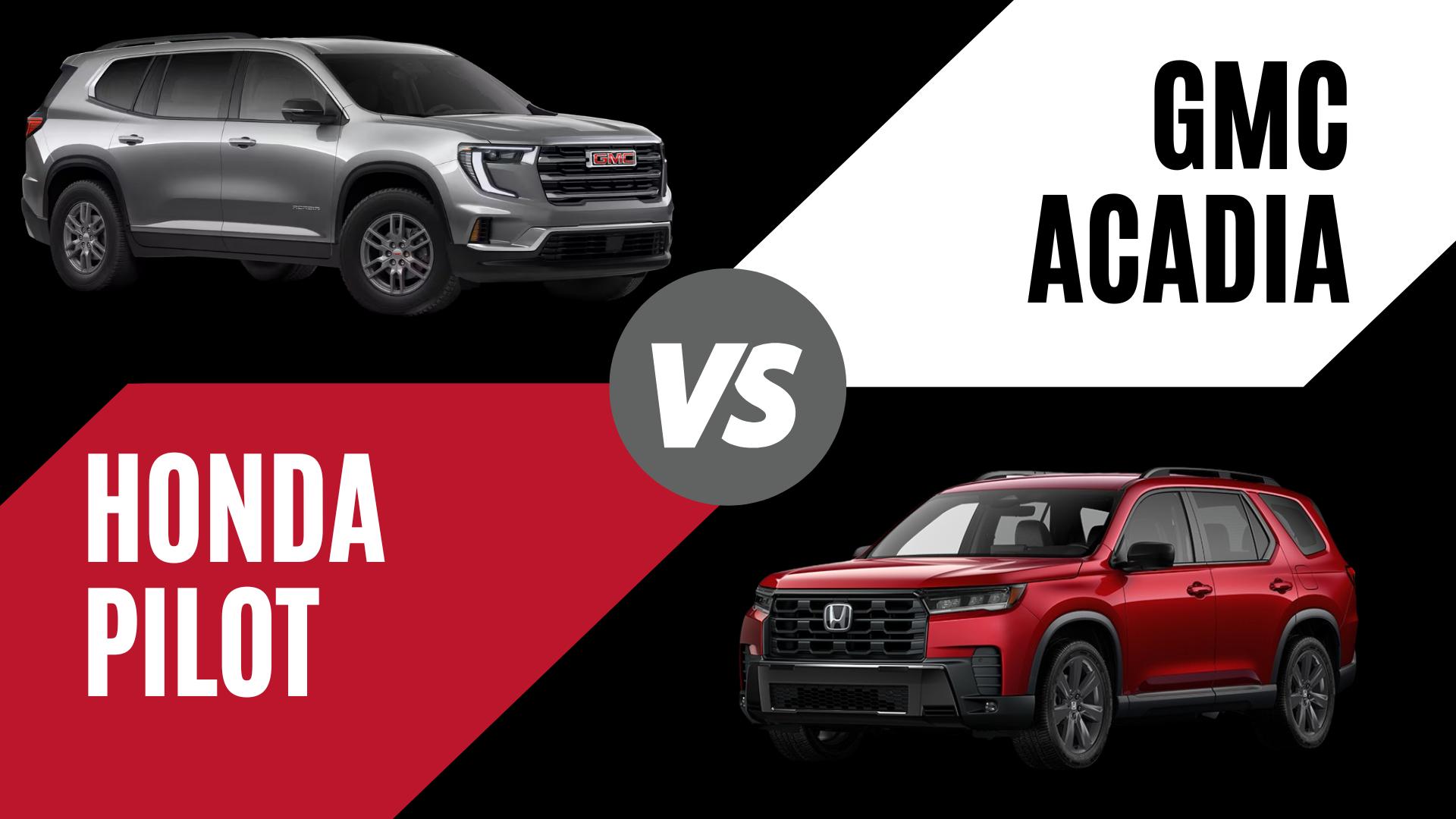 Side-by-side comparison featuring a silver 2026 GMC Acadia and a red 2026 Honda Pilot for shoppers in Springdale and Northwest Arkansas.