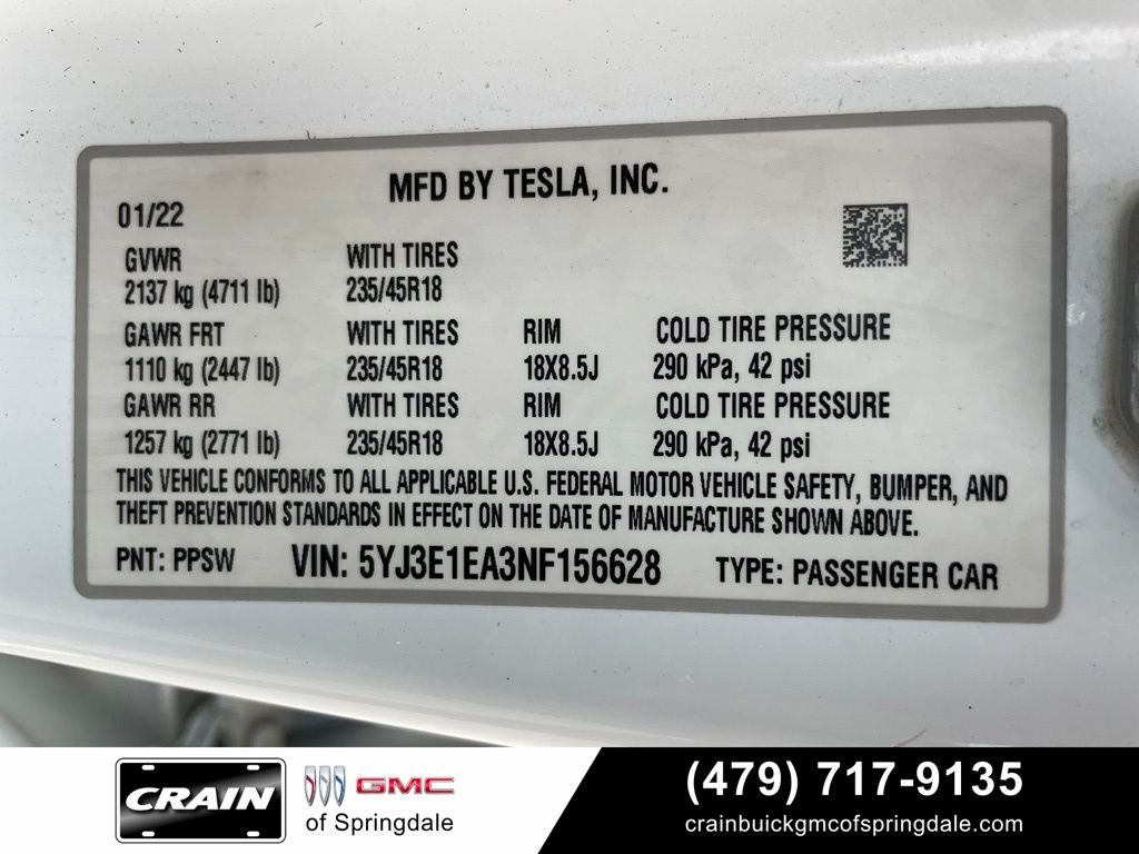 2022 Tesla Model 3 4DR SDN RWD STD R